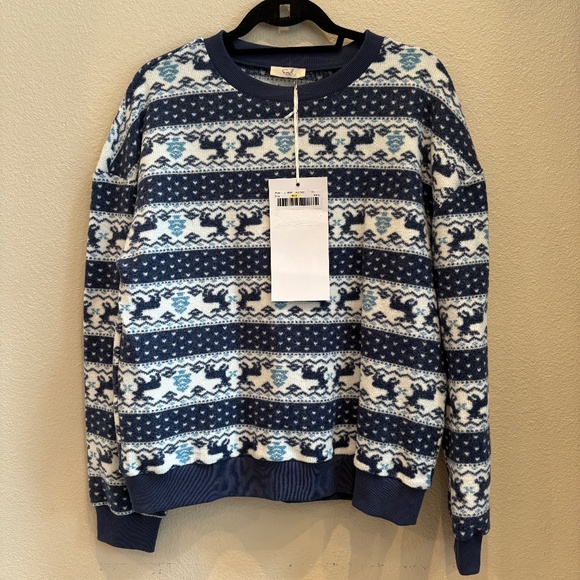 New Easel Sweatshirt Pullover Sweater Reindeer Upside Down Small Boho NWT - Picture 4 of 5